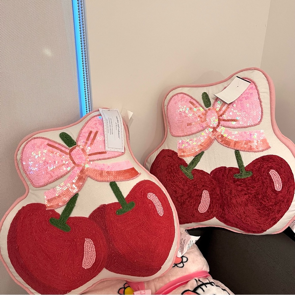 Pink cherry bow cushions (set of 2)